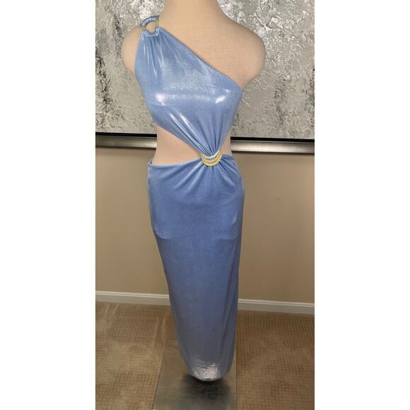 BAOBAB Luna Llena One Shoulder Cutout Ruched Metallic Galactico Maxi Dress Sz M - Picture 3 of 9
